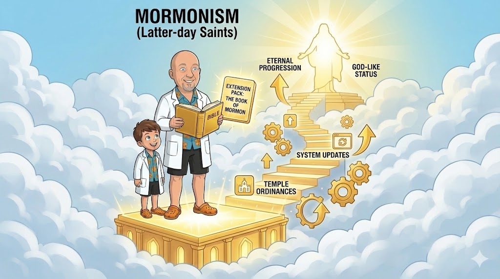 Visual: A set of unique expansion cards or extension packs—each with different religious symbols and color codes—symbolizing various faiths that build on, remix, or add content to the core Abrahamic or Christian system.